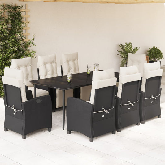 Set da Pranzo da Giardino 9 pz con Cuscini Nero in Polyrattan - homemem39
