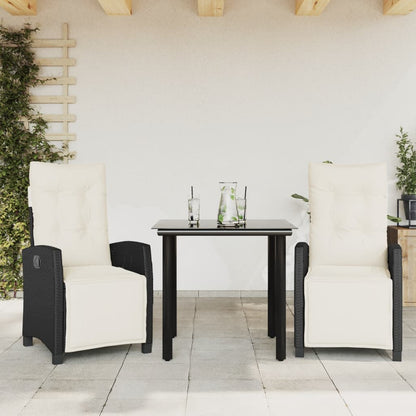 Set da Pranzo da Giardino 3 pz con Cuscini Nero in Polyrattan