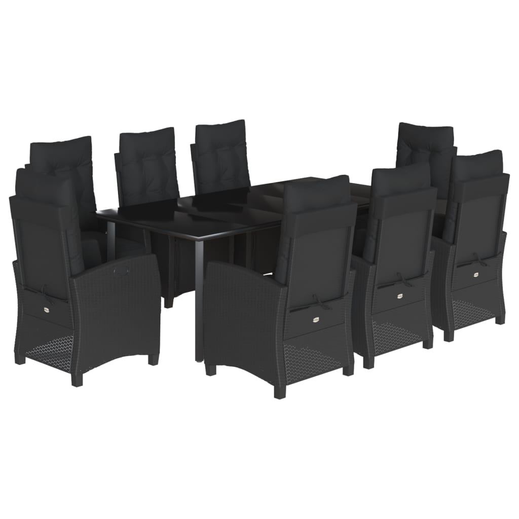Set da Pranzo da Giardino 9 pz con Cuscini Nero in Polyrattan