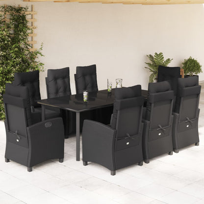 Set da Pranzo da Giardino 9 pz con Cuscini Nero in Polyrattan