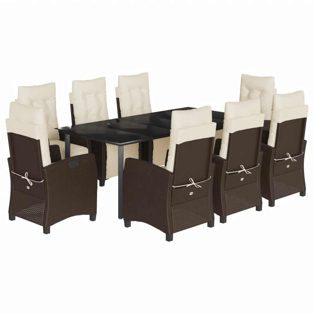 Set da Pranzo da Giardino 9pz con Cuscini Marrone in Polyrattan