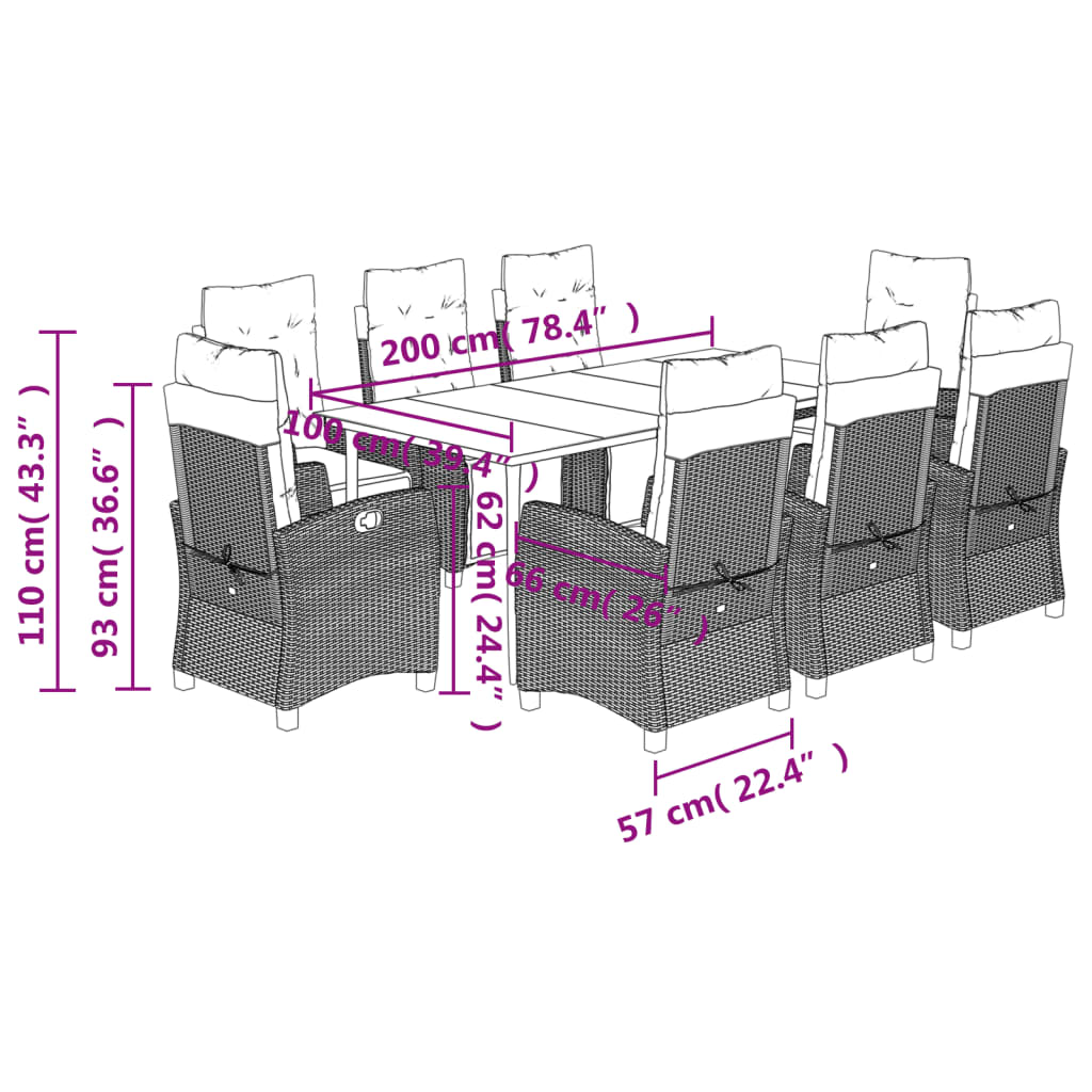 Set da Pranzo da Giardino 9 pz con Cuscini Beige in Polyrattan - homemem39