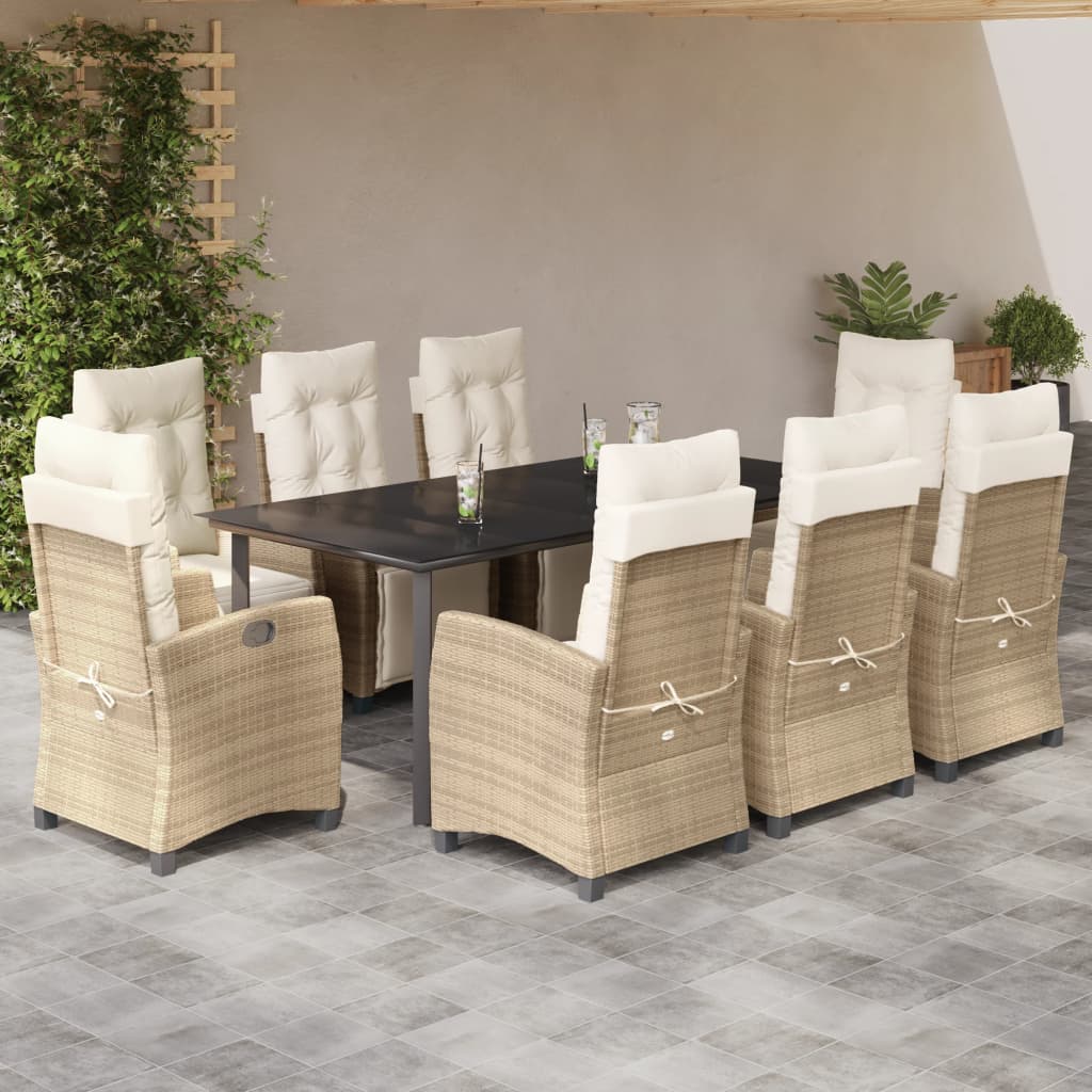 Set da Pranzo da Giardino 9 pz con Cuscini Beige in Polyrattan - homemem39