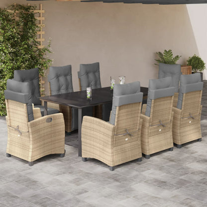 9 pc Garden Dining Set with Beige Polyrattan Mixed Cushions