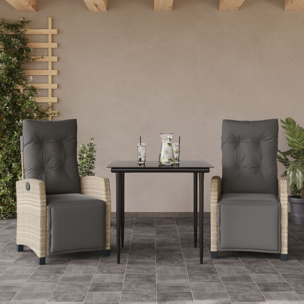 Set Pranzo da Giardino 3pz con Cuscini Grigio Chiaro Polyrattan