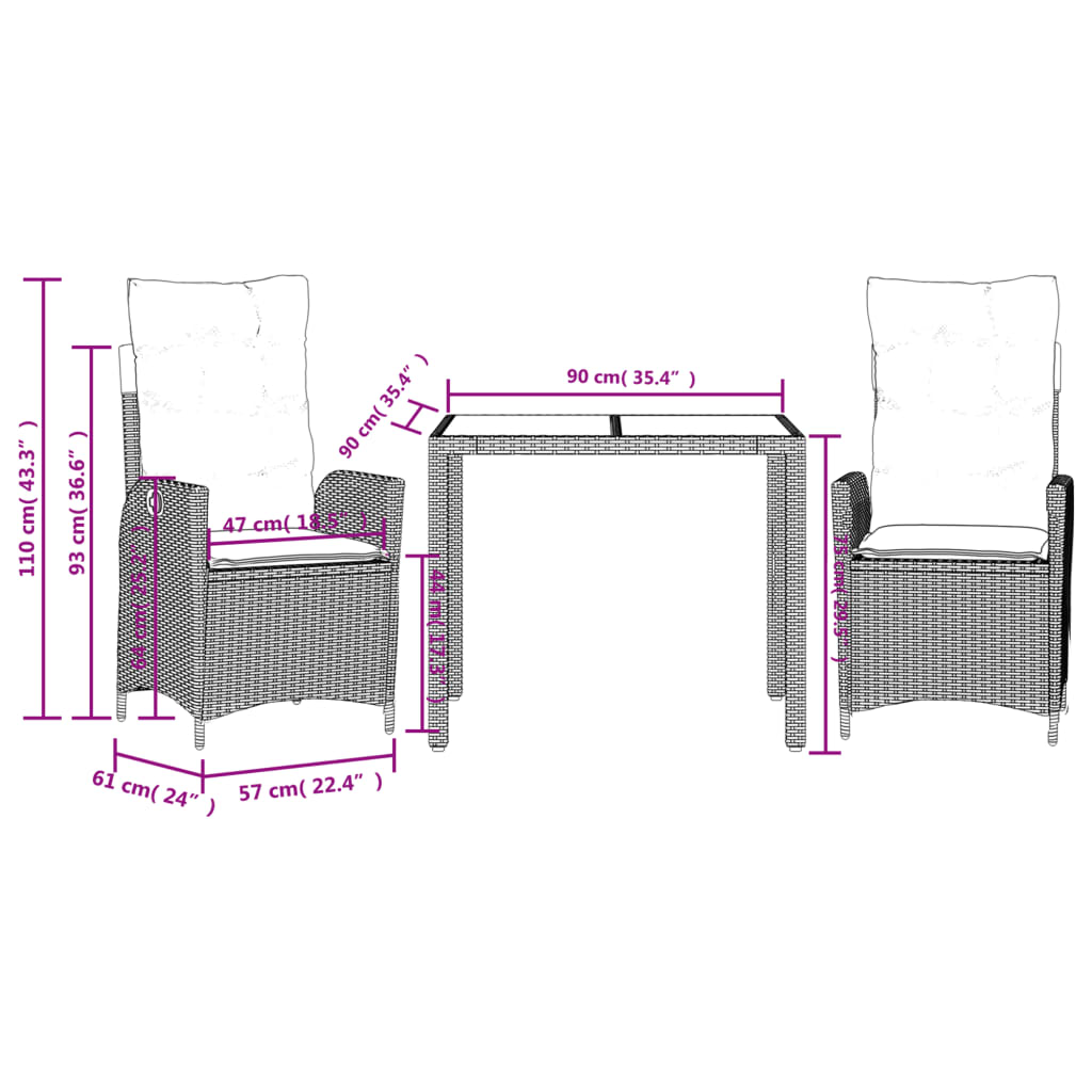 Set da Pranzo da Giardino 3 pz con Cuscini Nero in Polyrattan