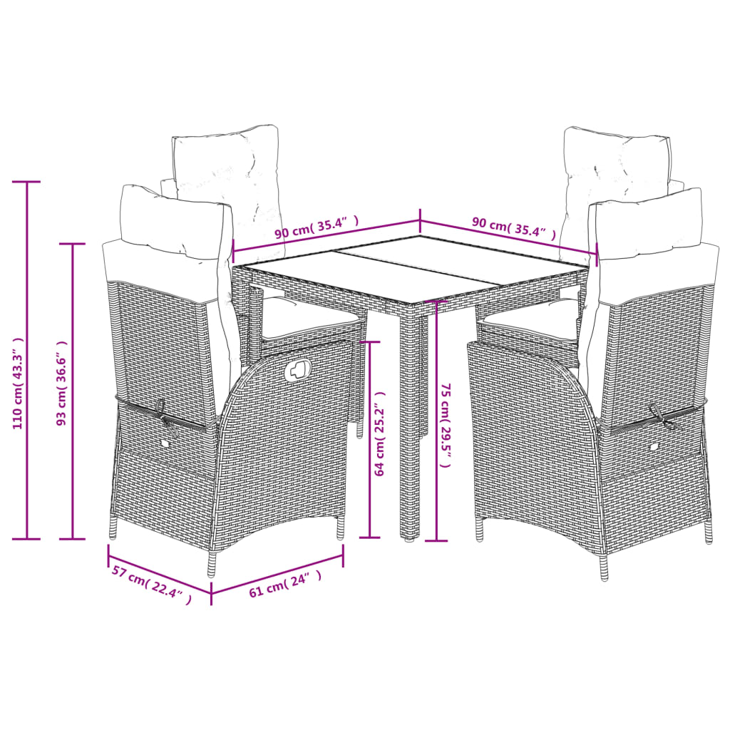 Set da Pranzo da Giardino 5 pz Nero con Cuscini in Polyrattan
