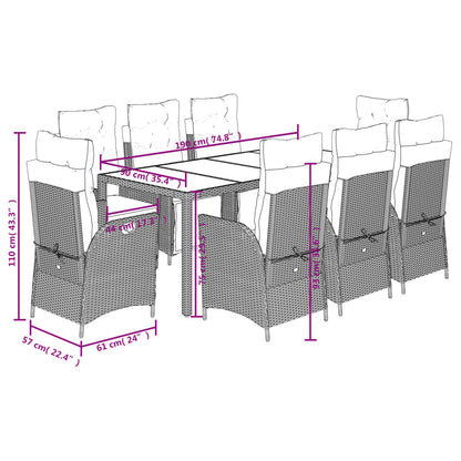 Set da Pranzo da Giardino 9 pz con Cuscini Nero in Polyrattan