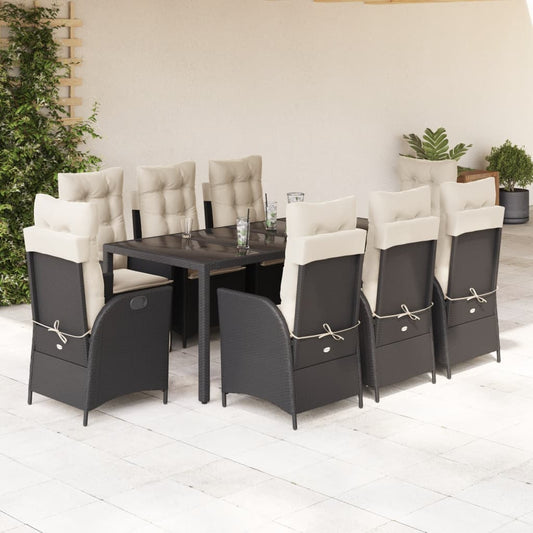 Set da Pranzo da Giardino 9 pz con Cuscini Nero in Polyrattan