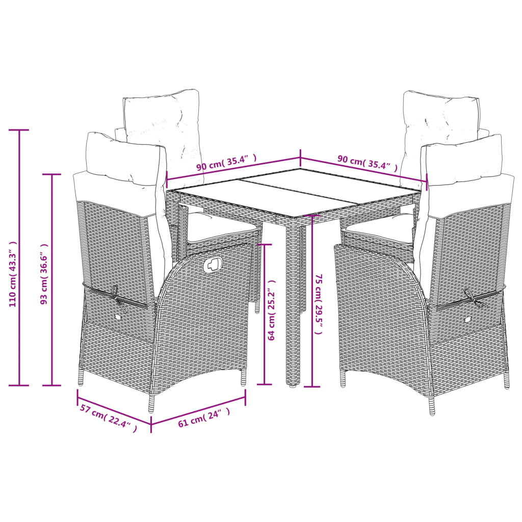 Set da Pranzo da Giardino 5 pz Nero con Cuscini in Polyrattan