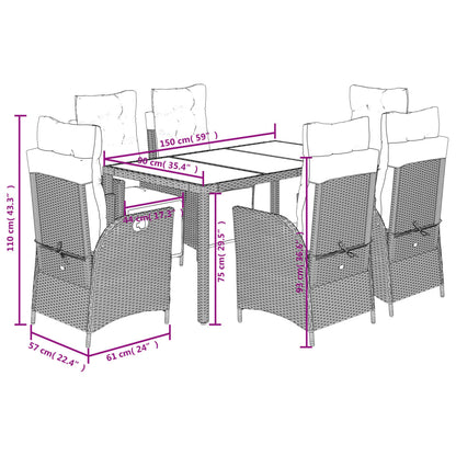 Set da Pranzo da Giardino 7 pz Nero con Cuscini in Polyrattan