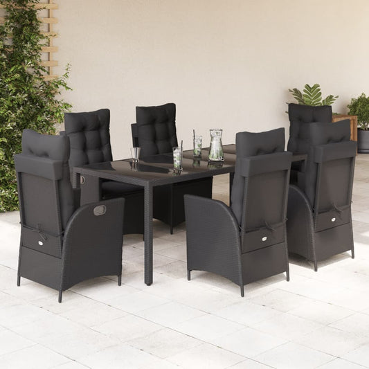 Set da Pranzo da Giardino 7 pz Nero con Cuscini in Polyrattan