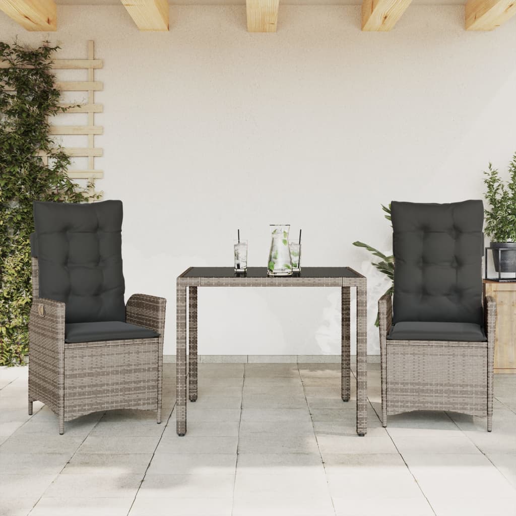 Set da Pranzo da Giardino 3 pz con Cuscini in Polyrattan Grigio - homemem39