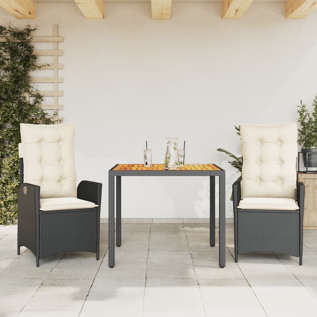 Set da Pranzo da Giardino 3 pz con Cuscini Nero in Polyrattan - homemem39