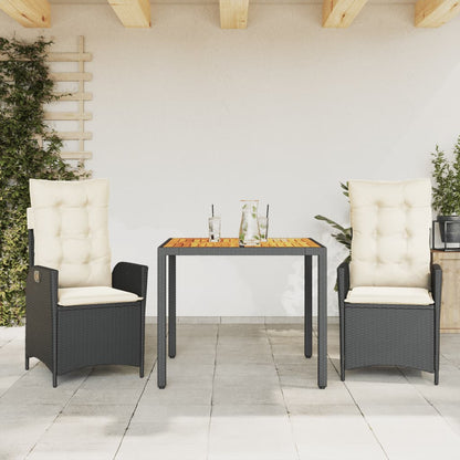 Set da Pranzo da Giardino 3 pz con Cuscini Nero in Polyrattan - homemem39