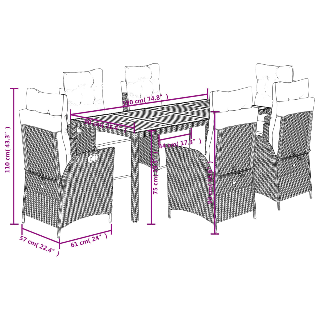 Set da Pranzo da Giardino 7 pz Nero con Cuscini in Polyrattan | homemem39