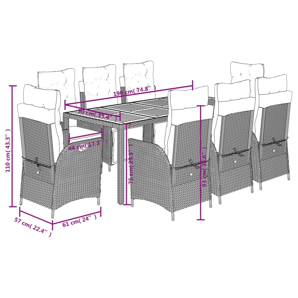 Set da Pranzo da Giardino 9 pz con Cuscini Nero in Polyrattan | homemem39