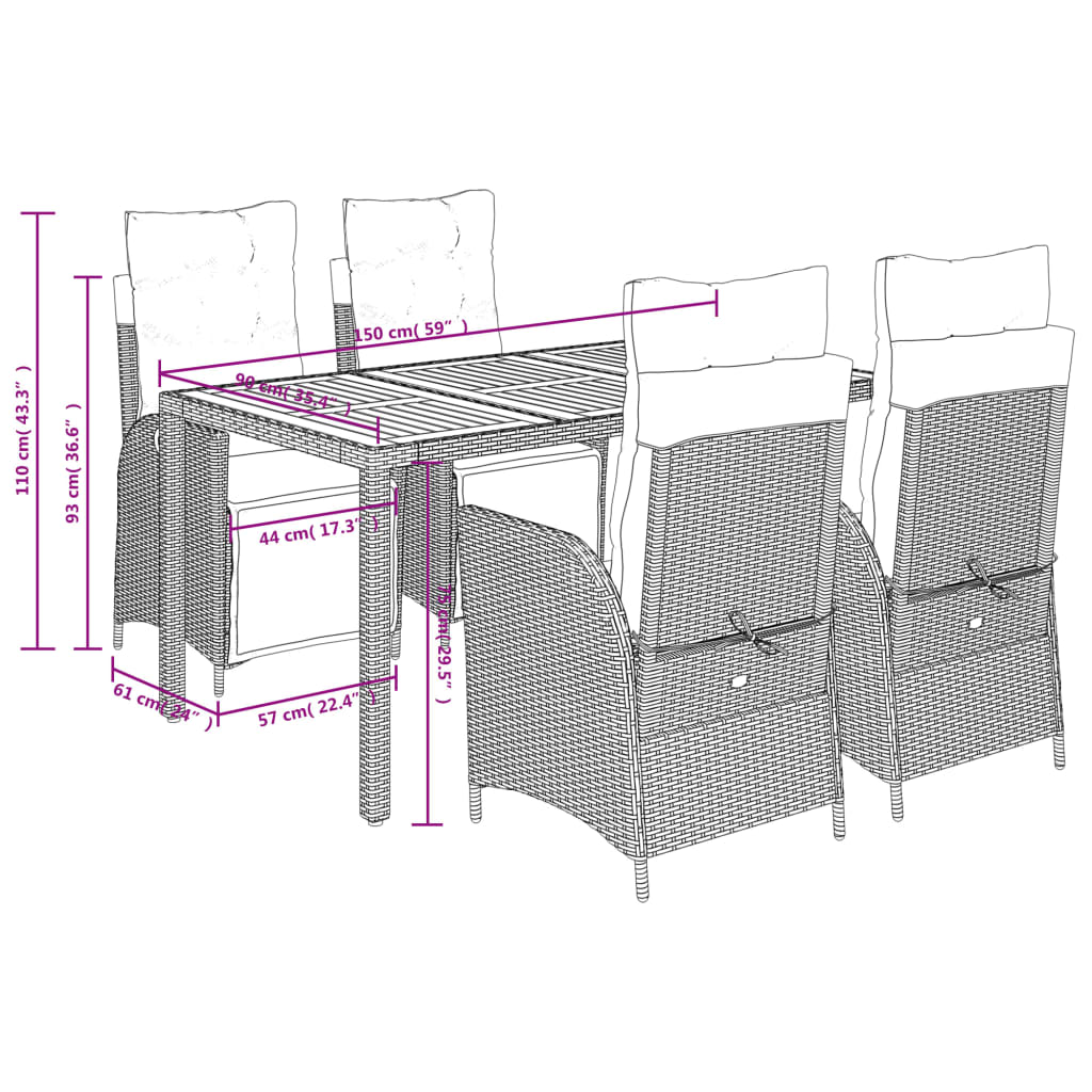 Set da Pranzo da Giardino 5 pz con Cuscini in Polyrattan Grigio | homemem39