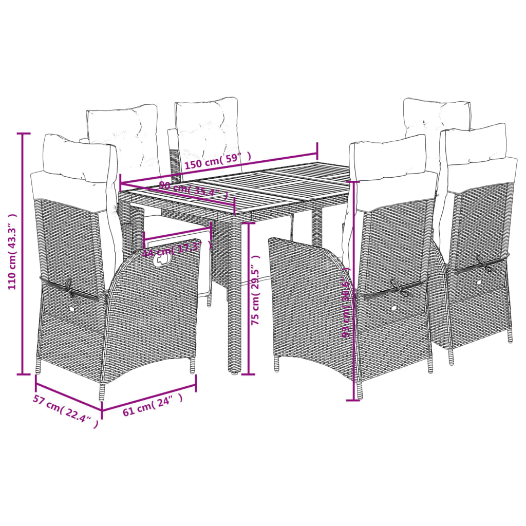 Set da Pranzo da Giardino 7 pz con Cuscini in Polyrattan Grigio | homemem39