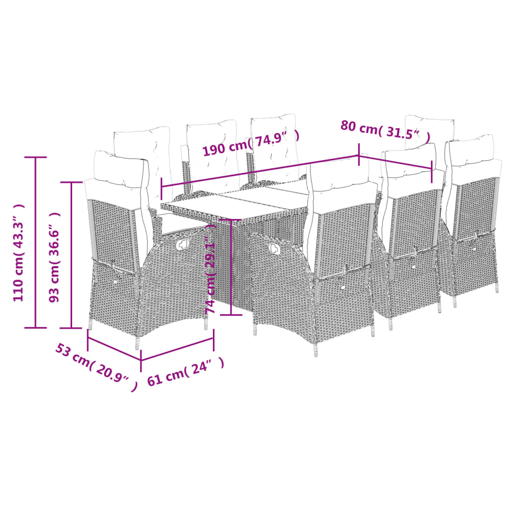 Set da Pranzo da Giardino 9pz con Cuscini Marrone in Polyrattan | homemem39