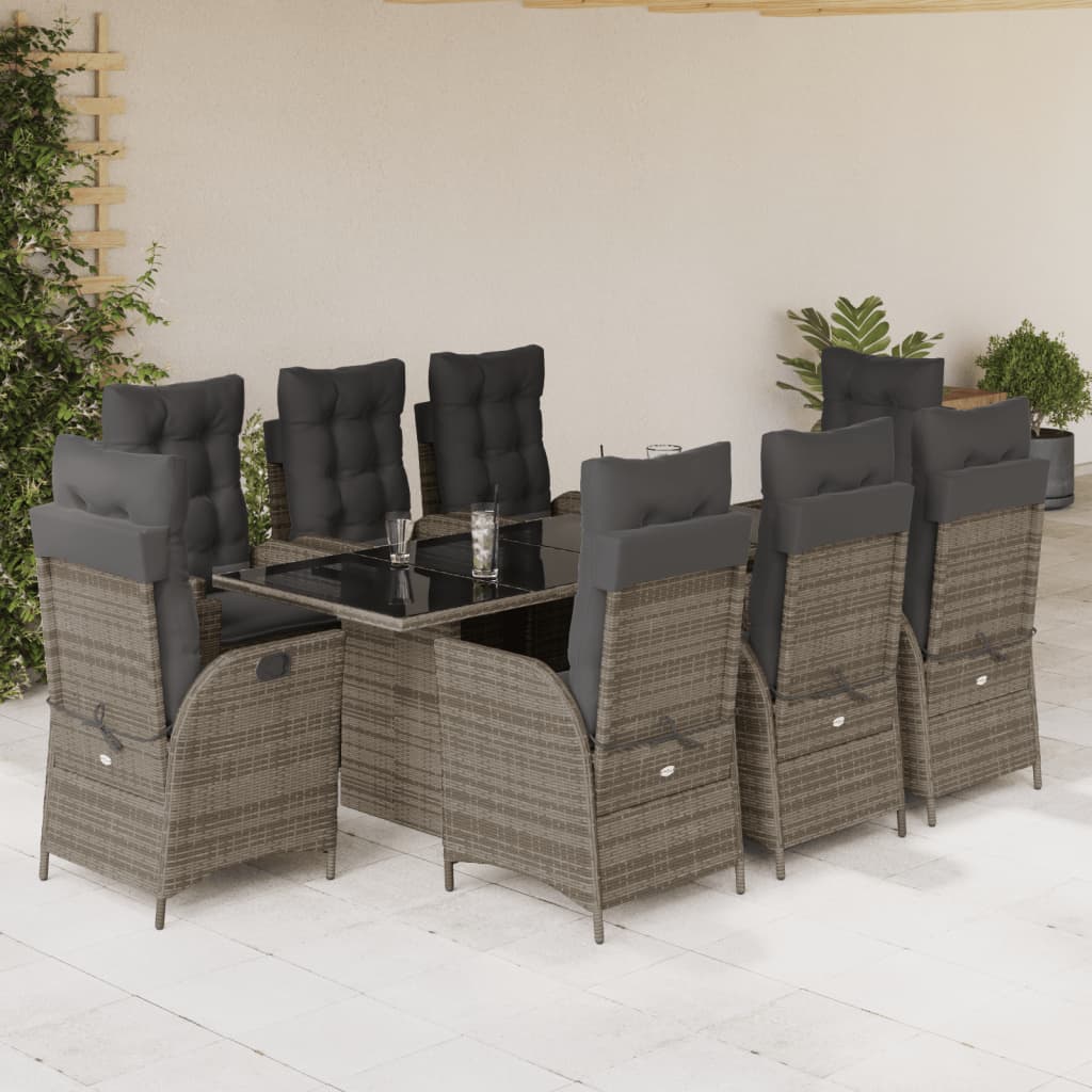 Set da Pranzo da Giardino 9 pz con Cuscini in Polyrattan Grigio - homemem39