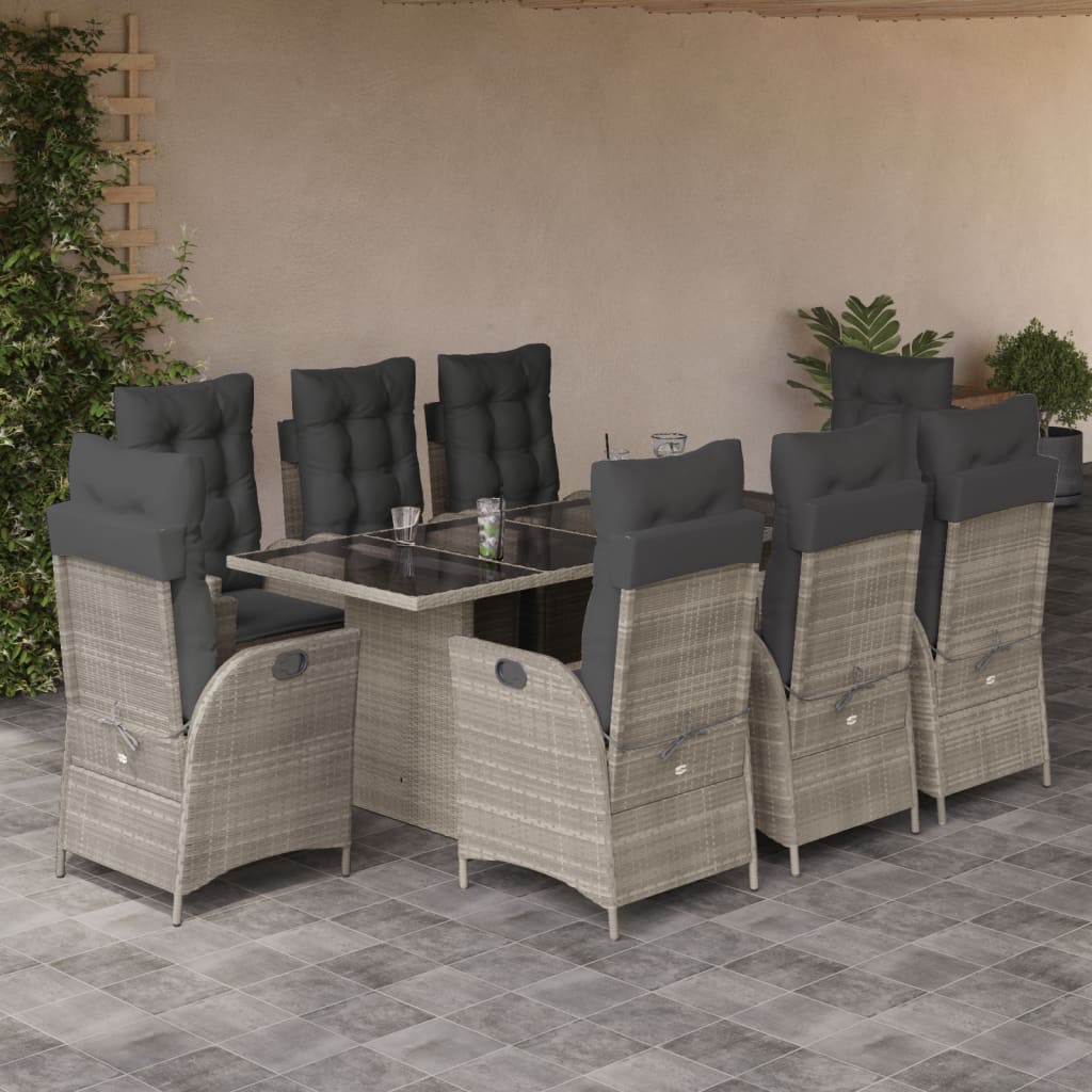 Set Pranzo da Giardino 9pz con Cuscini Grigio Chiaro Polyrattan - homemem39