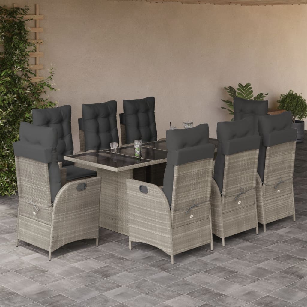 Set Pranzo da Giardino 9pz con Cuscini Grigio Chiaro Polyrattan | homemem39