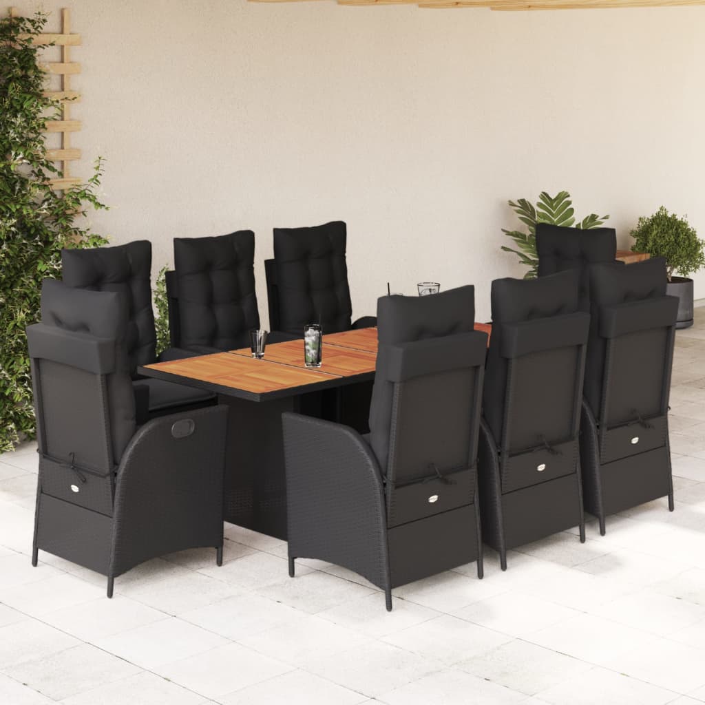 Set da Pranzo da Giardino 9 pz con Cuscini Nero in Polyrattan - homemem39