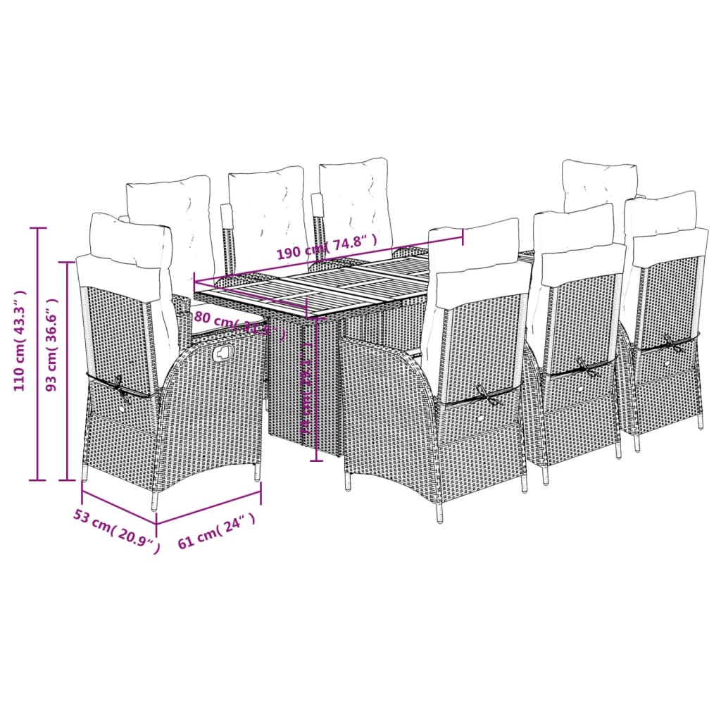 Set da Pranzo da Giardino 9 pz con Cuscini in Polyrattan Grigio | homemem39