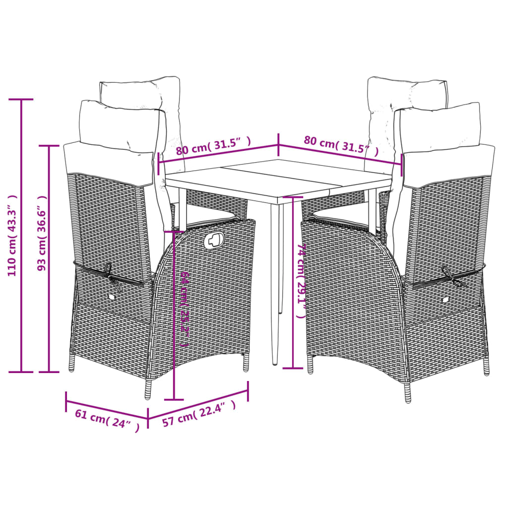 Set da Pranzo da Giardino 5 pz Nero con Cuscini in Polyrattan