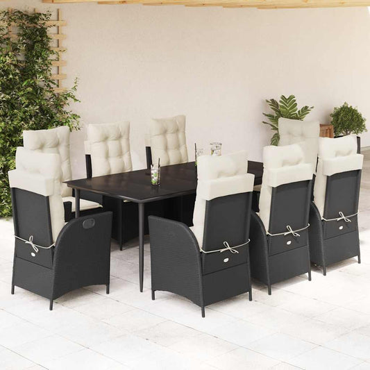 Set da Pranzo da Giardino 9 pz con Cuscini Nero in Polyrattan - homemem39