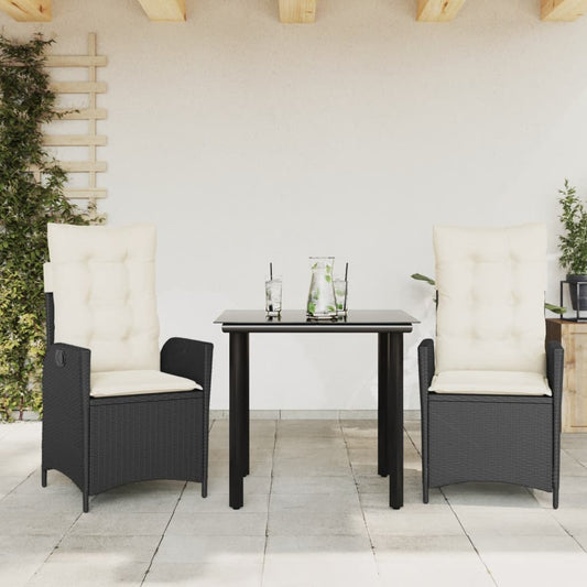Set da Pranzo da Giardino 3 pz con Cuscini Nero in Polyrattan - homemem39