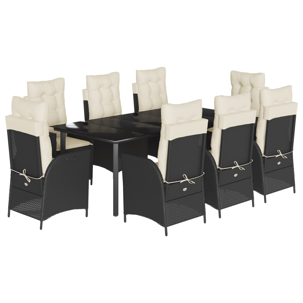 Set da Pranzo da Giardino 9 pz con Cuscini Nero in Polyrattan