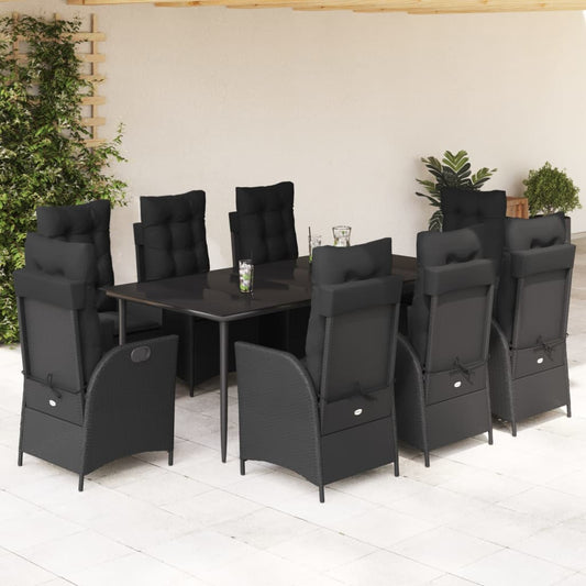 Set da Pranzo da Giardino 9 pz con Cuscini Nero in Polyrattan - homemem39