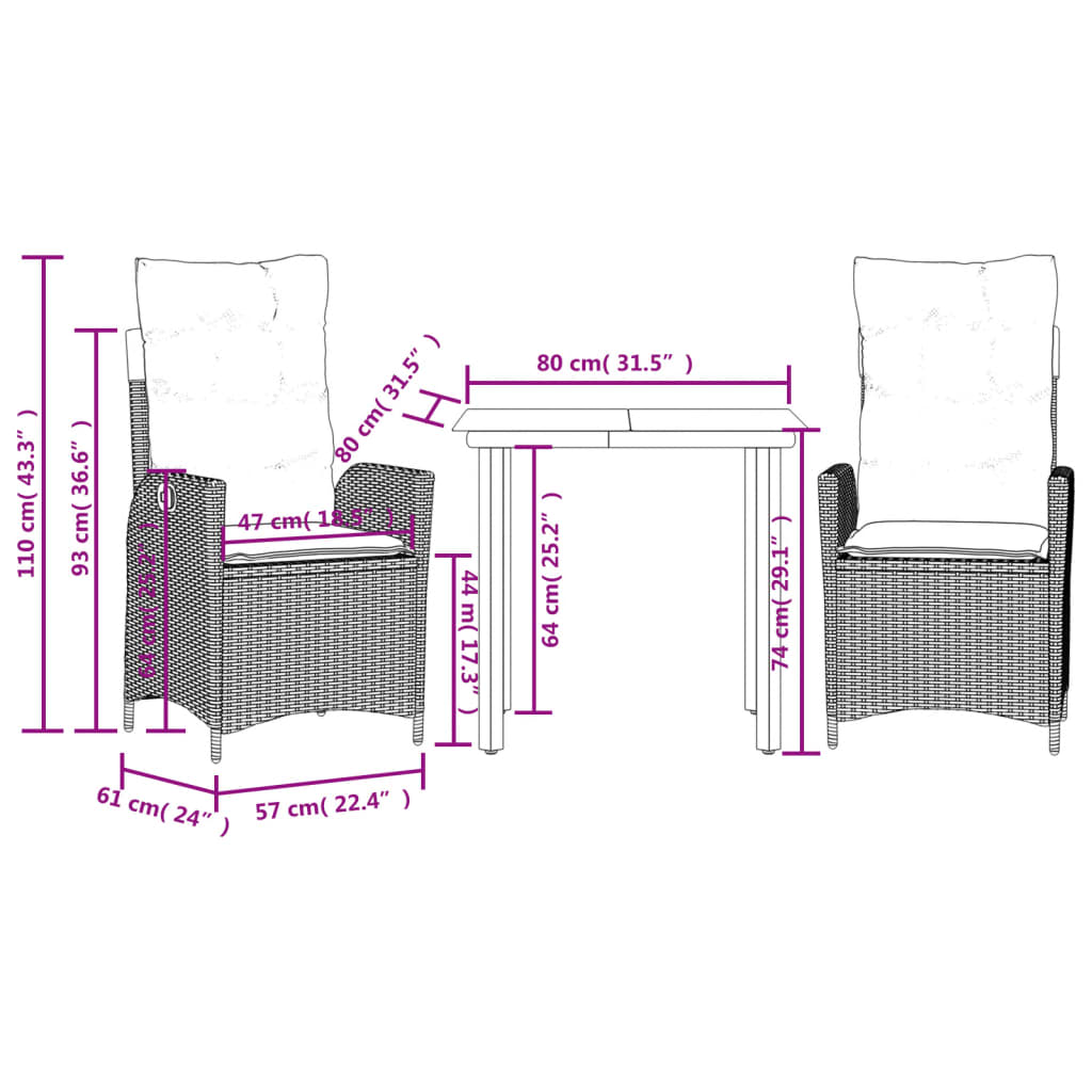 Set da Pranzo da Giardino 3 pz con Cuscini Nero in Polyrattan