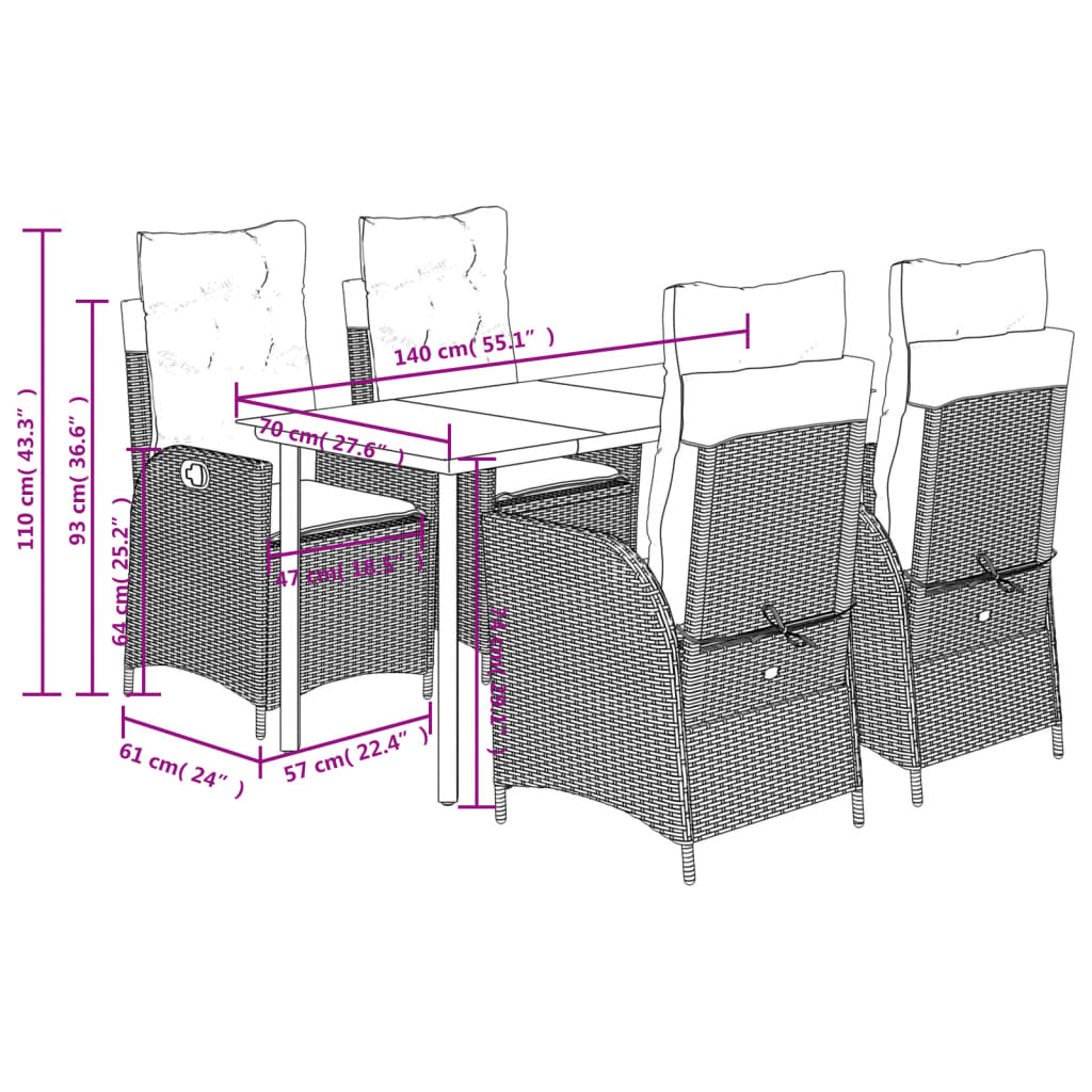 Set da Pranzo da Giardino 5 pz Nero con Cuscini in Polyrattan | homemem39