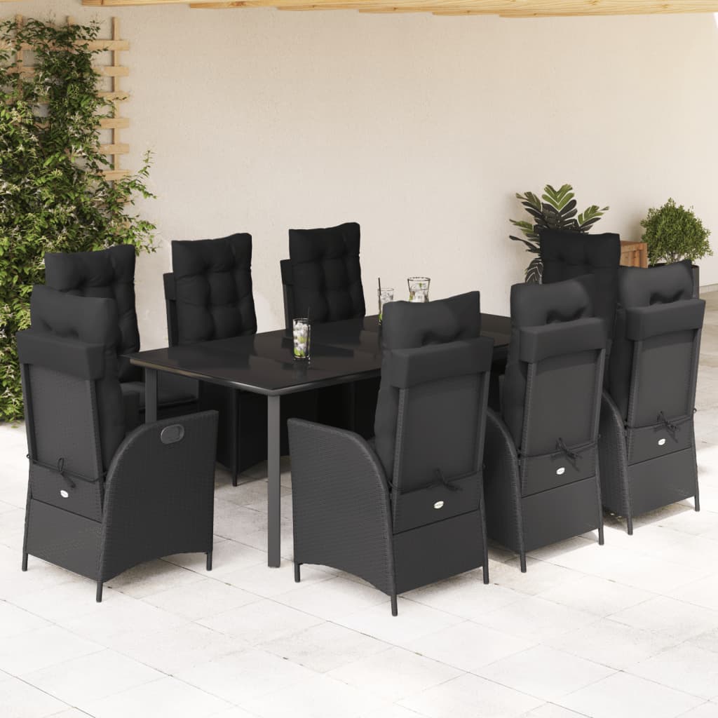 Set da Pranzo da Giardino 9 pz con Cuscini Nero in Polyrattan - homemem39