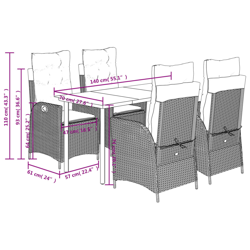Set da Pranzo da Giardino 5pz con Cuscini in Polyrattan Marrone | homemem39