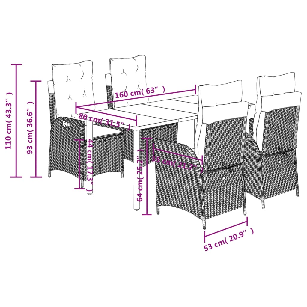 Set da Pranzo da Giardino 5pz con Cuscini in Polyrattan Marrone
