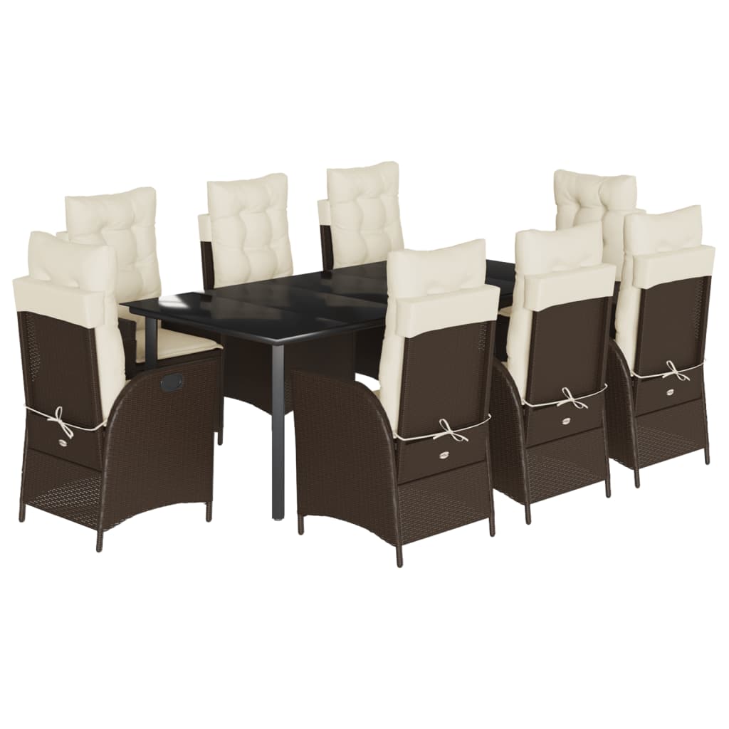 Set da Pranzo da Giardino 9pz con Cuscini Marrone in Polyrattan