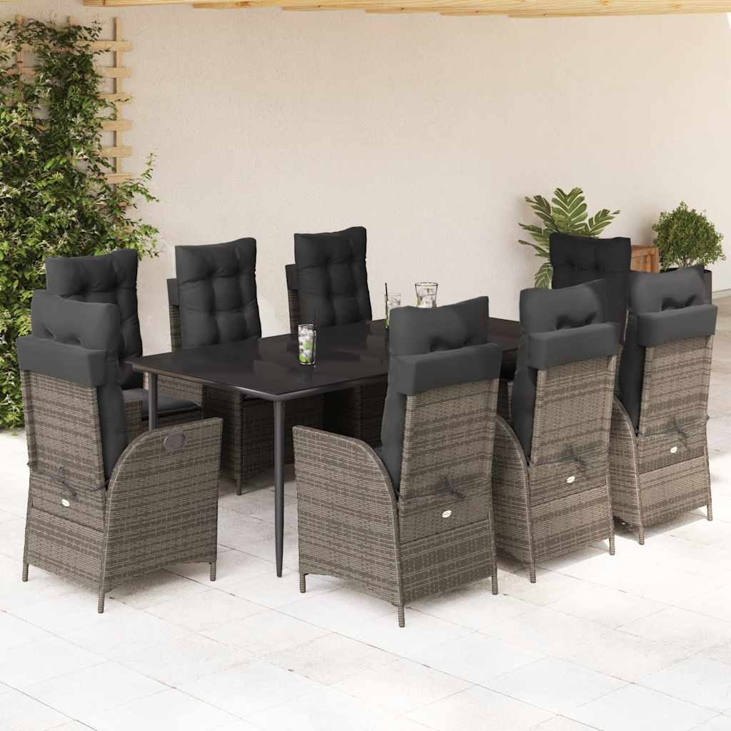 Set da Pranzo da Giardino 9 pz con Cuscini in Polyrattan Grigio - homemem39