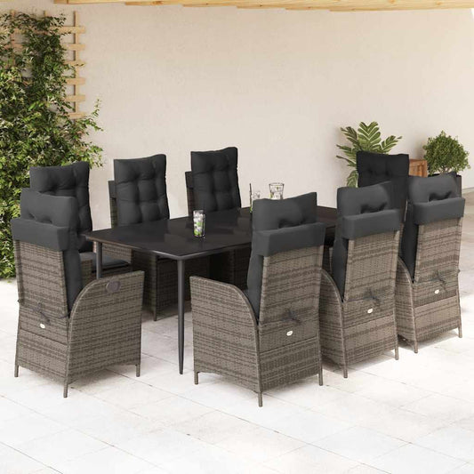 Set da Pranzo da Giardino 9 pz con Cuscini in Polyrattan Grigio - homemem39