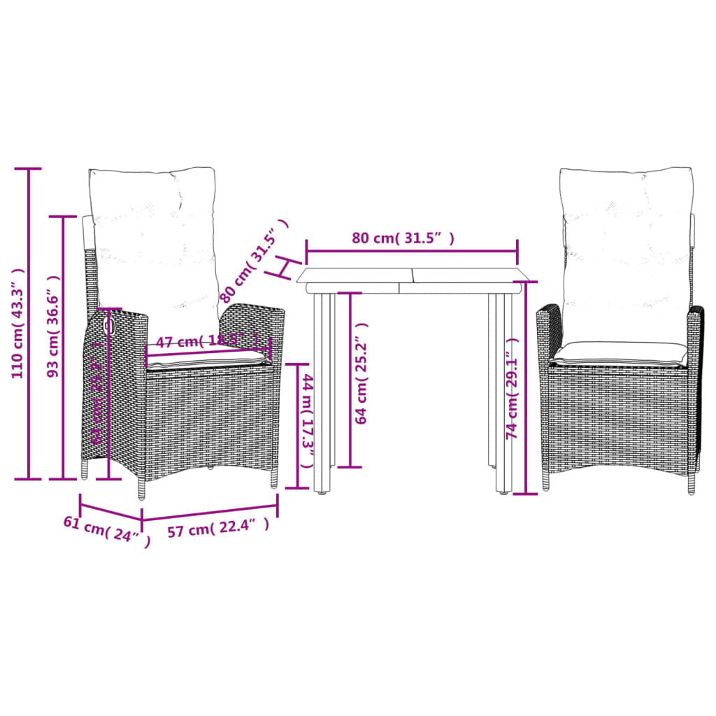 Set da Pranzo da Giardino 3 pz con Cuscini in Polyrattan Grigio