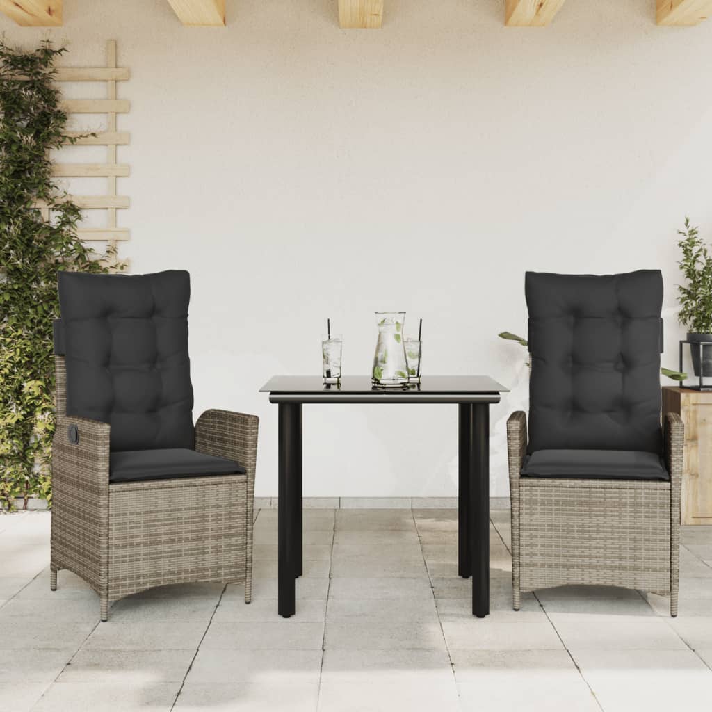 Set da Pranzo da Giardino 3 pz con Cuscini in Polyrattan Grigio - homemem39