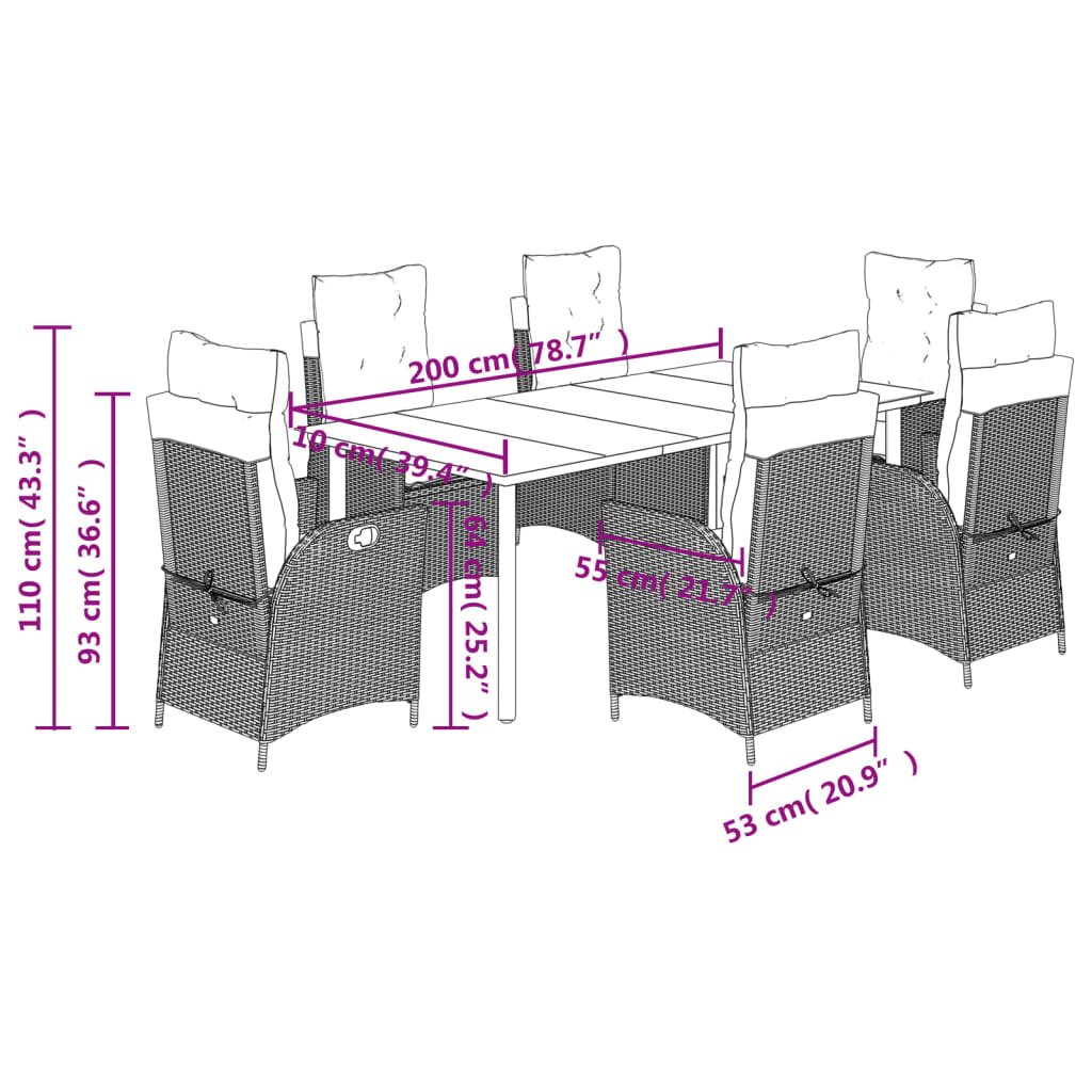Set da Pranzo da Giardino 7 pz con Cuscini in Polyrattan Grigio