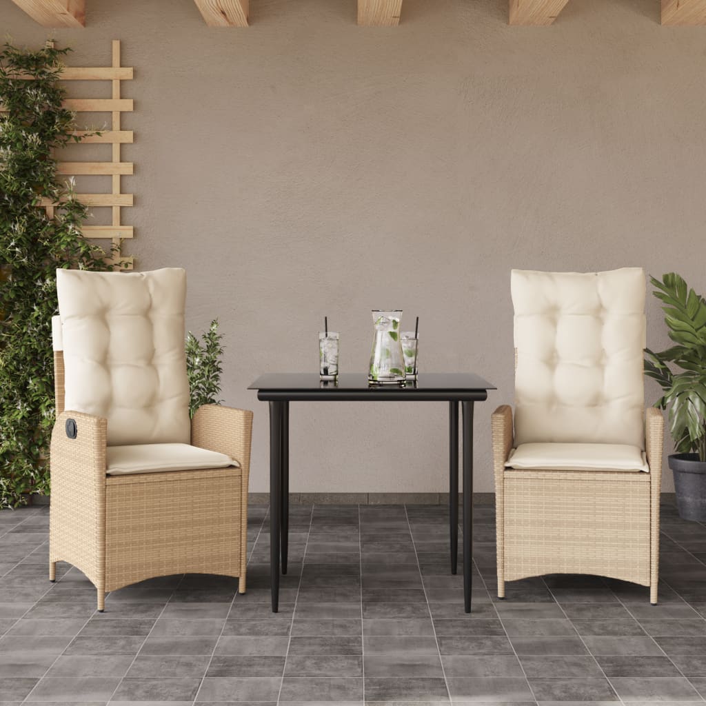 Set da Pranzo da Giardino 3 pz con Cuscini Beige in Polyrattan - homemem39