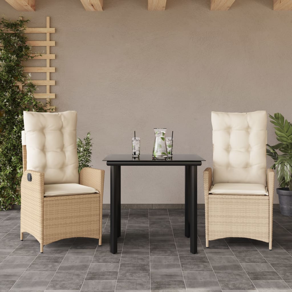 Set da Pranzo da Giardino 3 pz con Cuscini Beige in Polyrattan