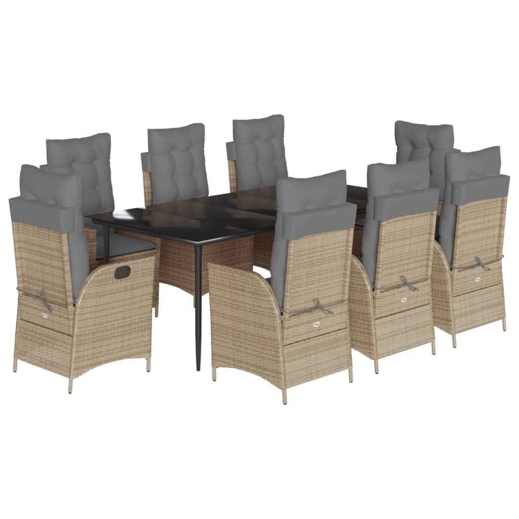 Set da Pranzo da Giardino 9 pz con Cuscini Beige in Polyrattan - homemem39