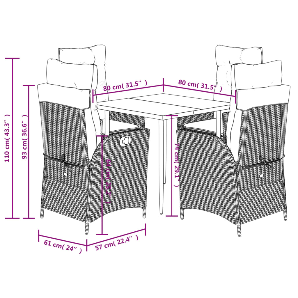 Set Pranzo da Giardino 5pz con Cuscini Grigio Chiaro Polyrattan