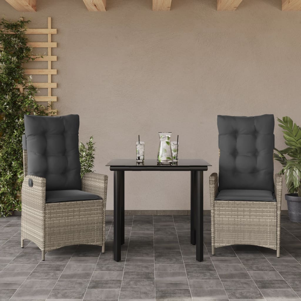 Set Pranzo da Giardino 3pz con Cuscini Grigio Chiaro Polyrattan